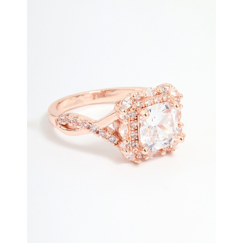 Rose Gold Cubic Zirconia Princess Halo Ring