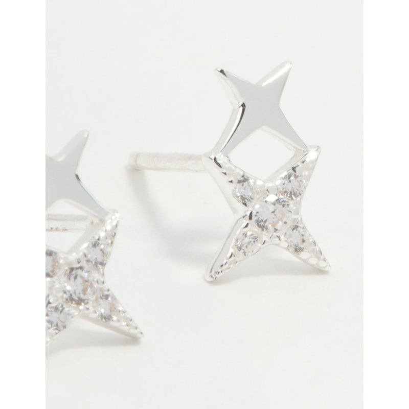 Sterling Silver Cubic Zirconia Double Star Stud Earrings