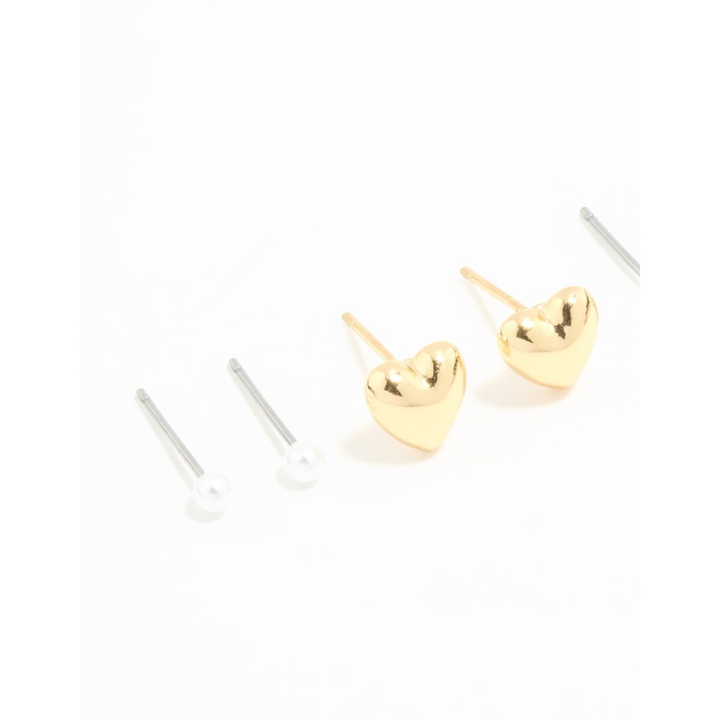 Waterproof Gold Plated Stainless Steel Cubic Zirconia & Heart Stud Earrings 4-Pack