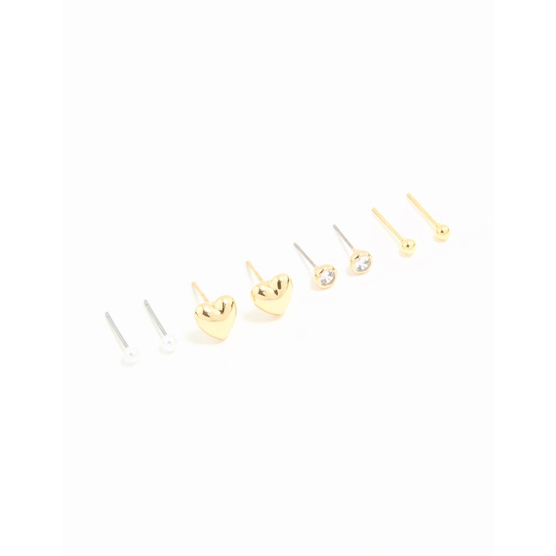 Waterproof Gold Plated Stainless Steel Cubic Zirconia & Heart Stud Earrings 4-Pack