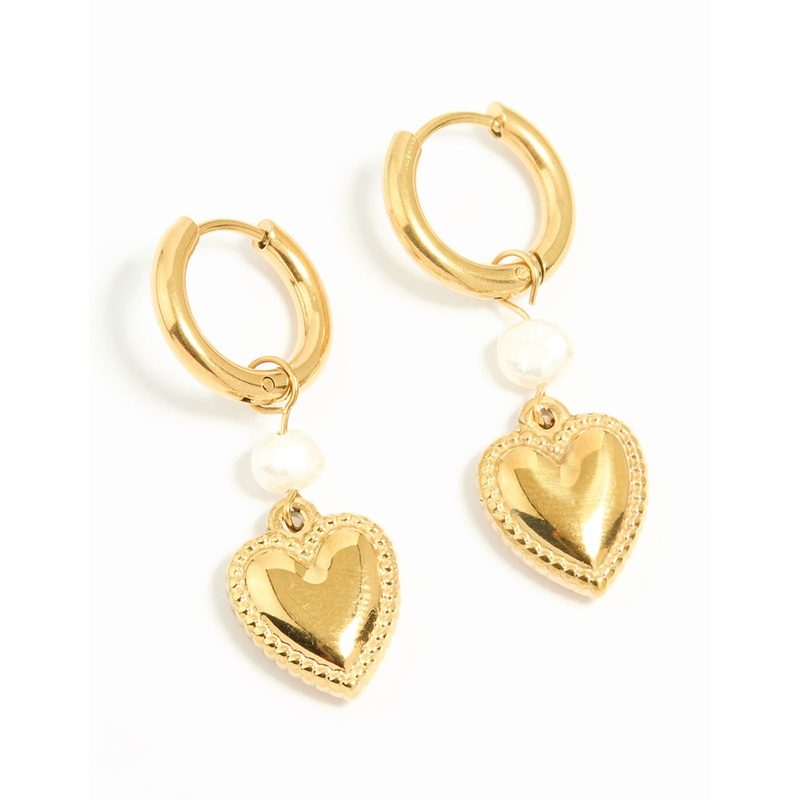 Waterproof Gold Plated Stainless Steel Pearl Heart Huggie Earrings