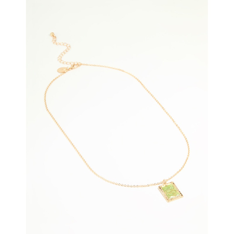 Gold Green Snake Square Pendant Necklace