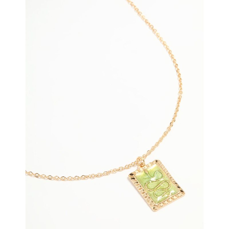 Gold Green Snake Square Pendant Necklace