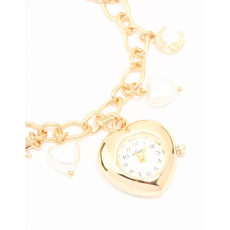 Gold Pearl Heart Charm Watch Bracelet