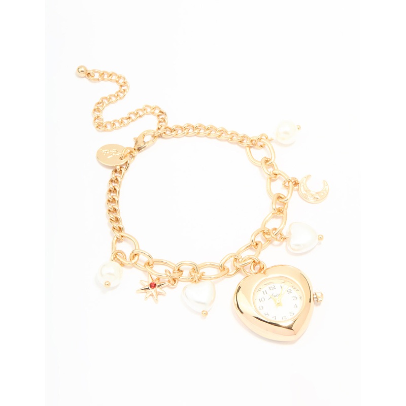 Gold Pearl Heart Charm Watch Bracelet
