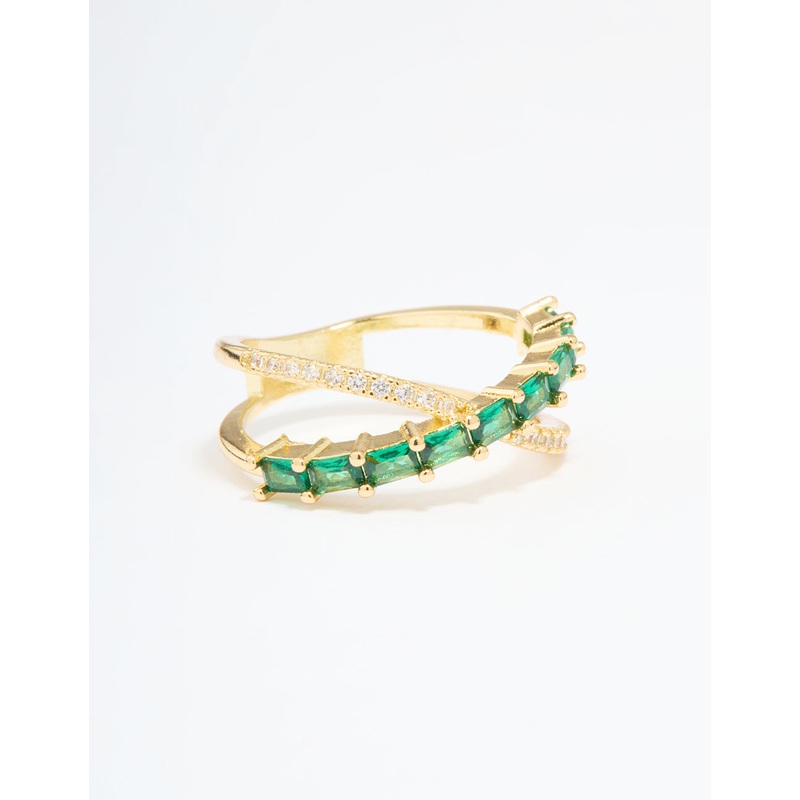 Gold Plated Green Cubic Zirconia Criss Cross Ring