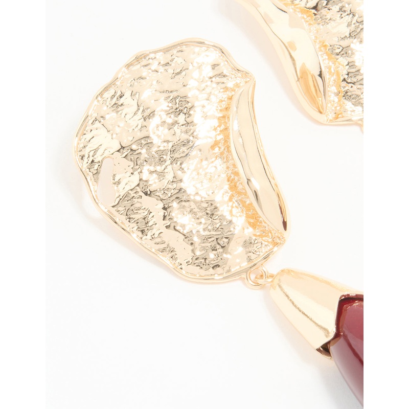Gold Red Stone Molten Teardrop Earrings