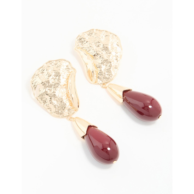 Gold Red Stone Molten Teardrop Earrings