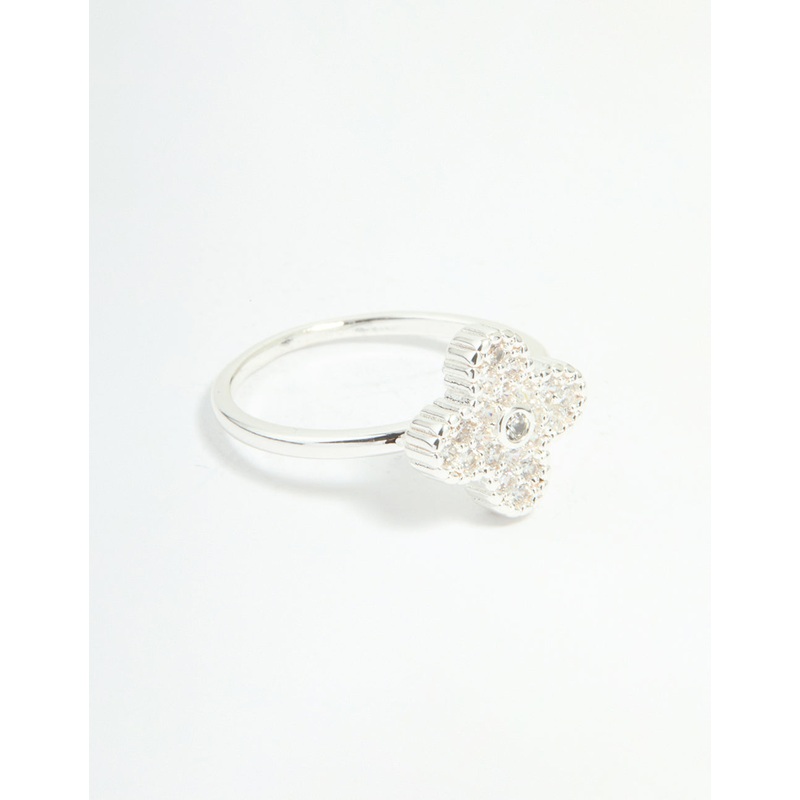 Silver Plated Cubic Zirconia Flower Statement Ring
