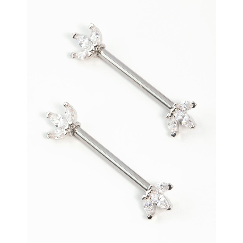 Surgical Steel Cubic Zirconia Fan Nipple Bars 2-Pack