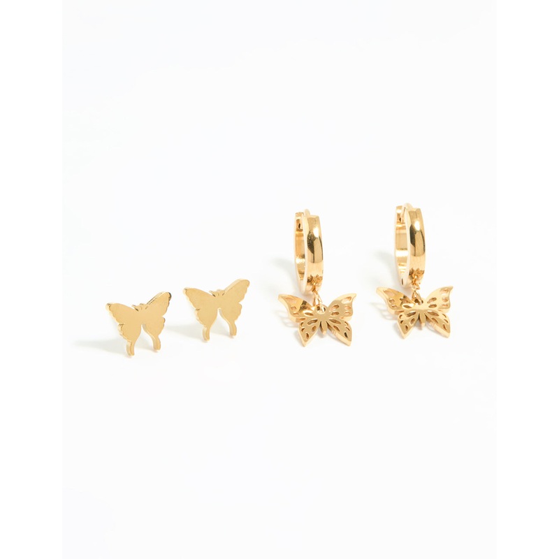 Waterproof Gold Plated Stainless Steel Butterfly Earrings 2-Pack