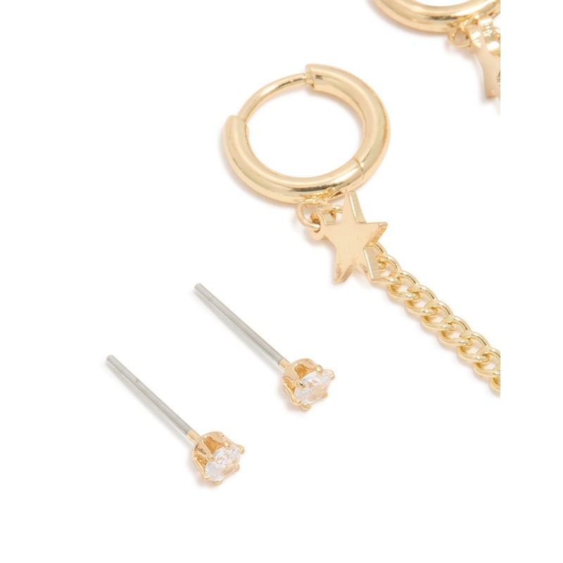 Waterproof Gold Plated Stainless Steel Cubic Zirconia Celestial Stacker Earrings 3-Pack