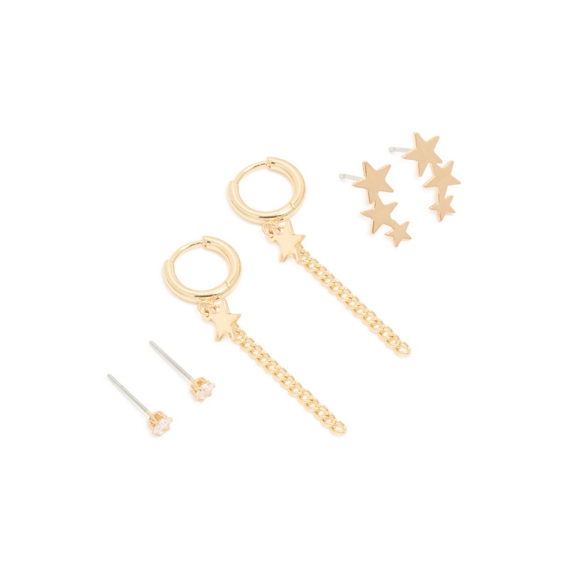 Waterproof Gold Plated Stainless Steel Cubic Zirconia Celestial Stacker Earrings 3-Pack