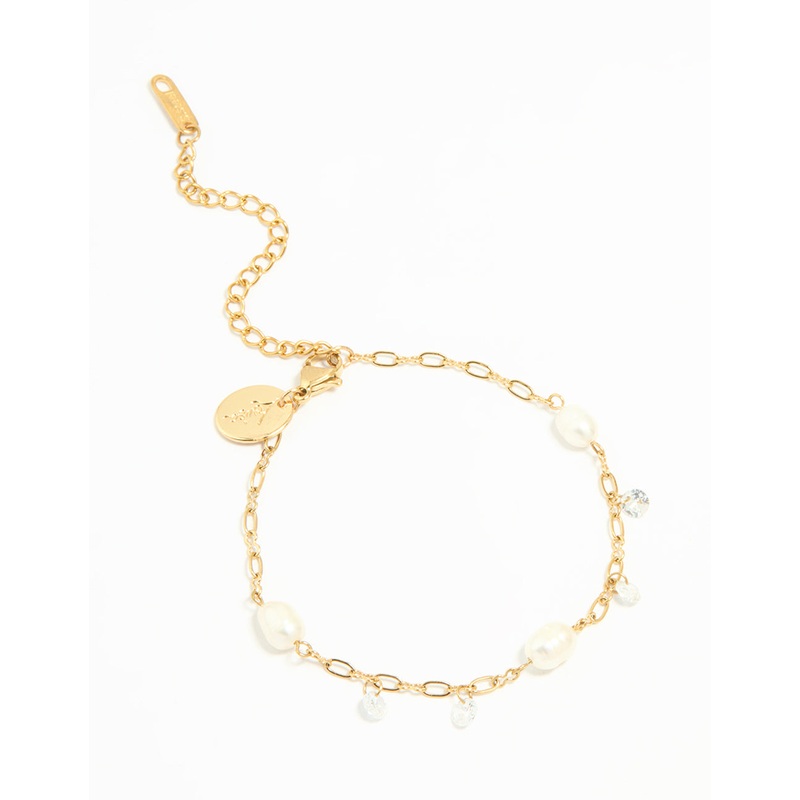Waterproof Gold Plated Stainless Steel Cubic Zirconia Pearl Bracelet