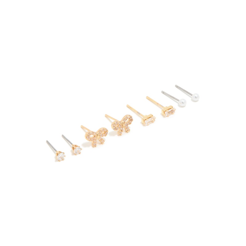 Waterproof Gold Plated Stainless Steel Cubic Zirconia & Pearl Stud Earrings 4-Pack