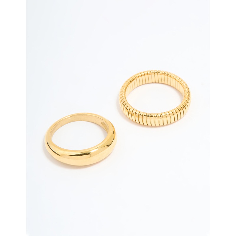 Waterproof Gold Plated Stainless Steel Ridge & Smooth Rings 2-Pack