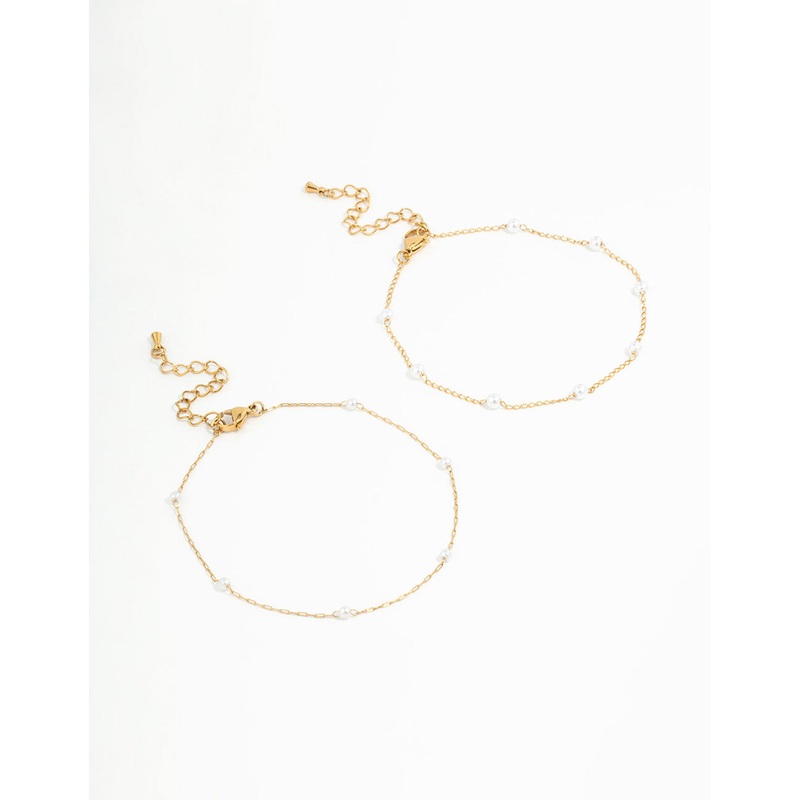 Waterproof Gold Plated Stainless Steel Station & Pearl Anklets 2-Pack