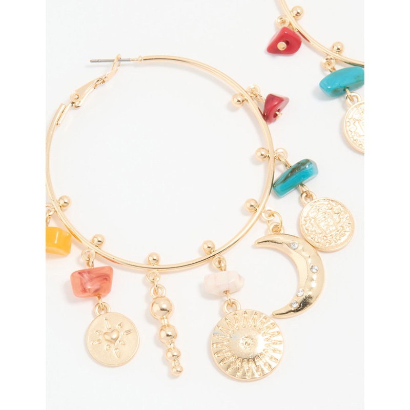 Antique Gold Multicoloured Stone & Celestial Charm Hoop Earrings