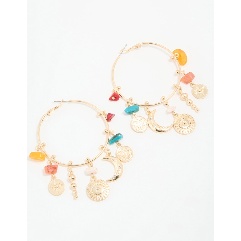 Antique Gold Multicoloured Stone & Celestial Charm Hoop Earrings