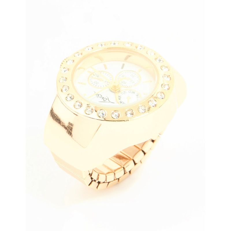 Gold Diamante Chronograph Watch Ring