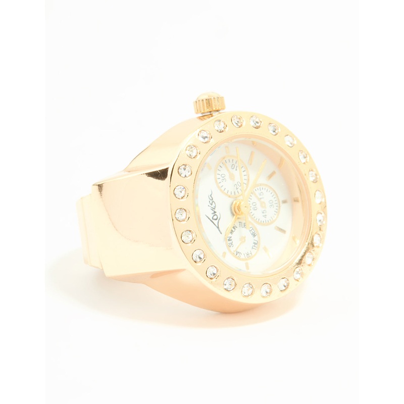 Gold Diamante Chronograph Watch Ring