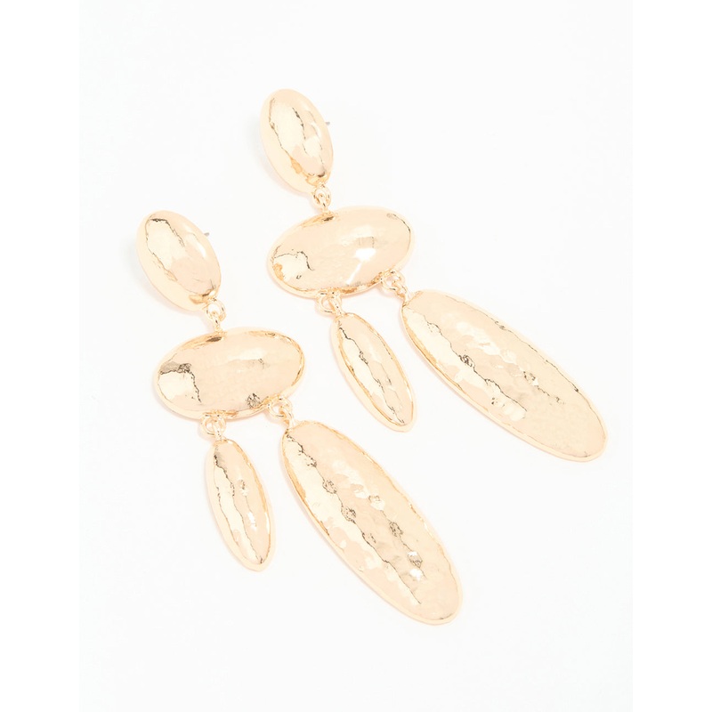 Gold Hammered Oval Drop Earrings
