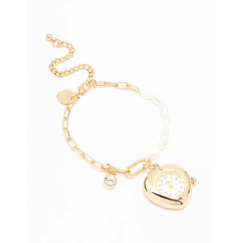 Gold Pearl Heart Watch Bracelet