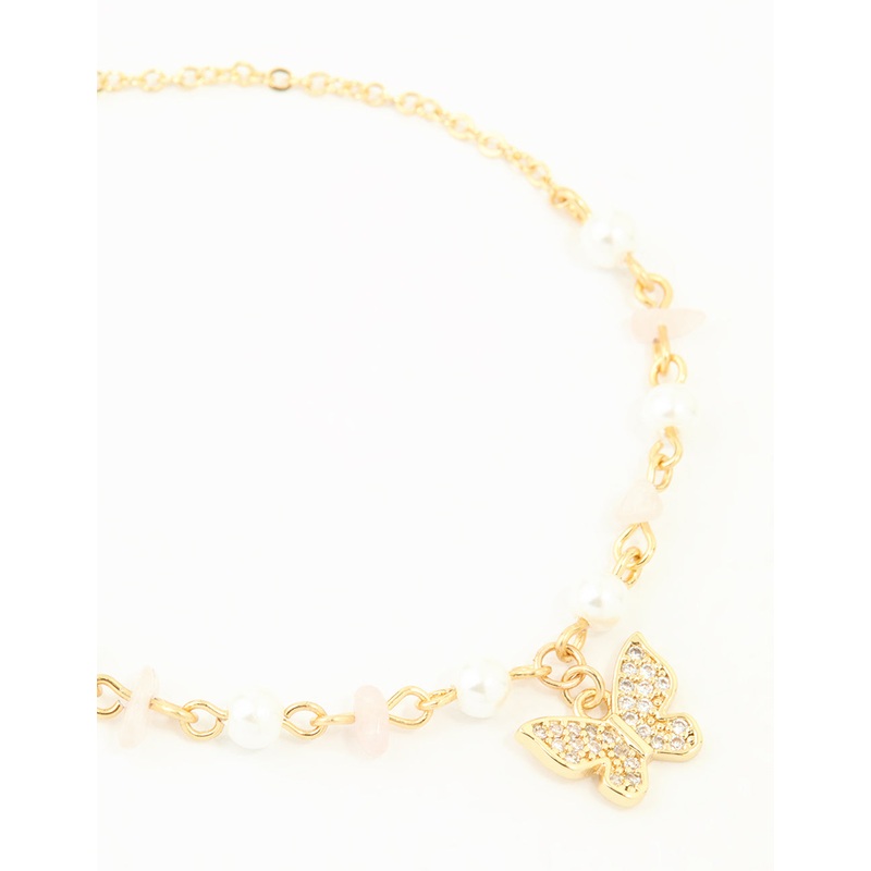 Gold Plated Cubic Zirconia Pearl Semi Precious Butterfly Toggle Bracelet