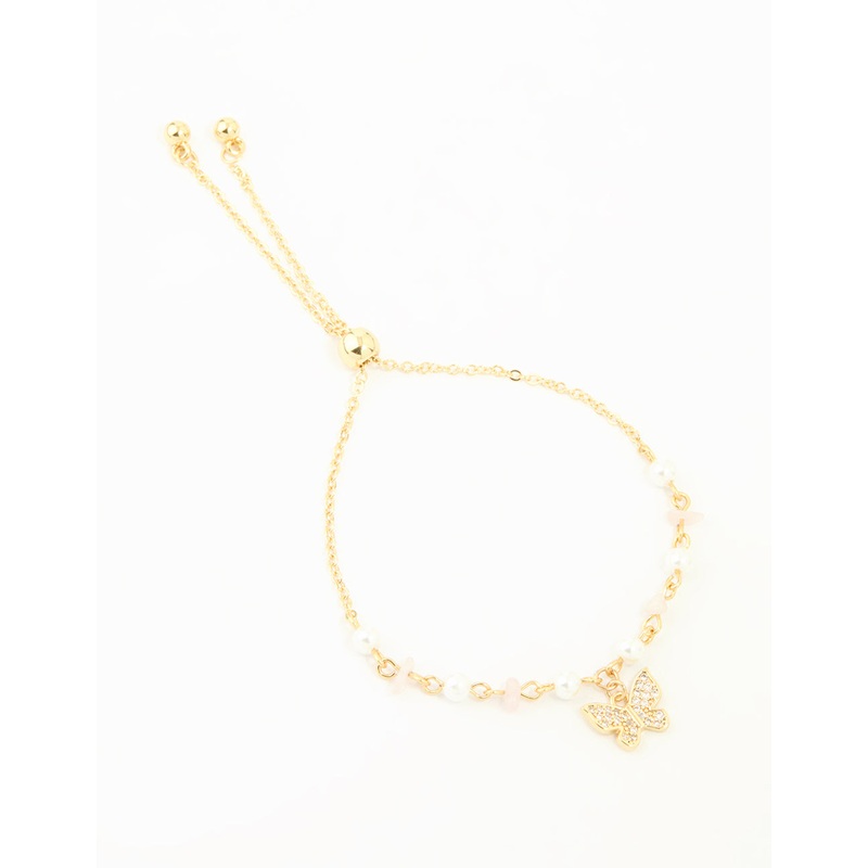 Gold Plated Cubic Zirconia Pearl Semi Precious Butterfly Toggle Bracelet