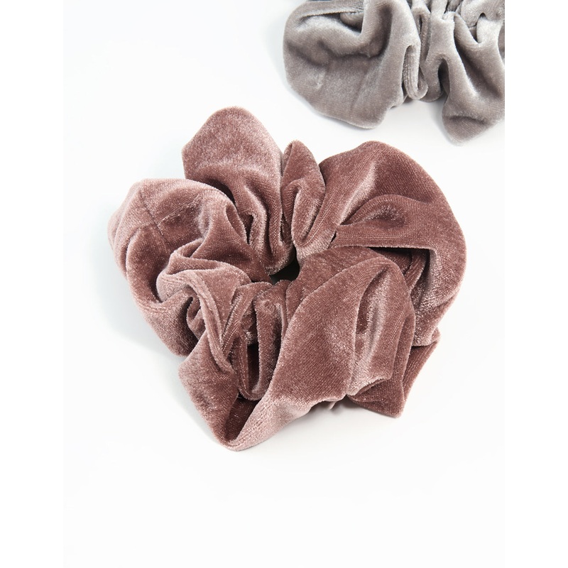 Grey & Brown Smooth Velvet Fabric Scrunchies 2-Pack
