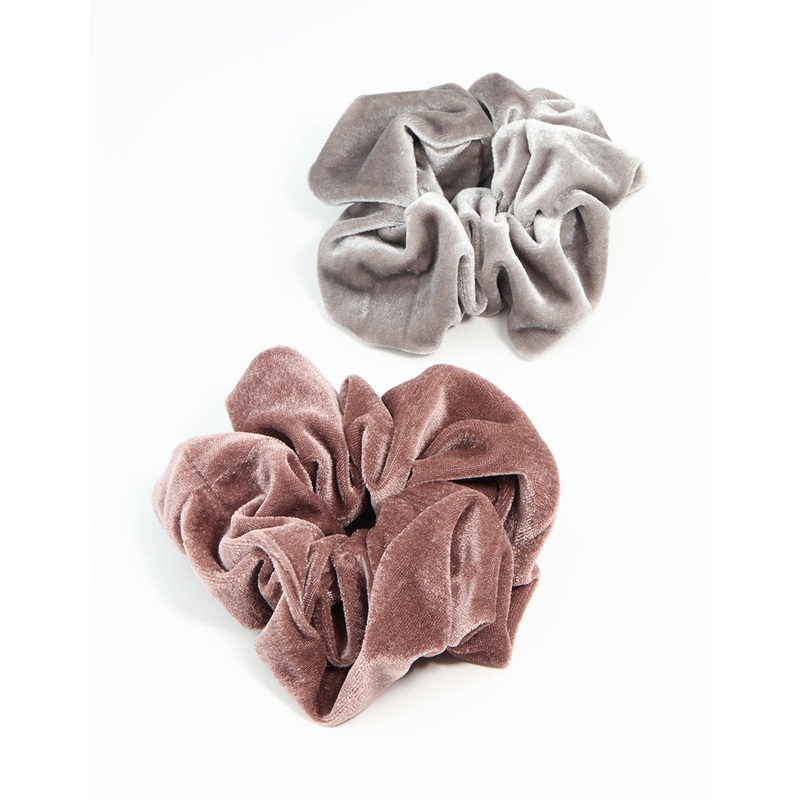 Grey & Brown Smooth Velvet Fabric Scrunchies 2-Pack
