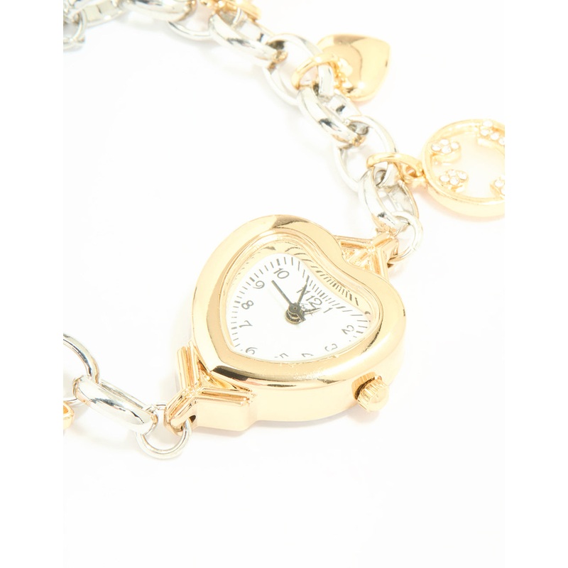 Mixed Metals Heart Watch & Butterfly Charm Bracelet