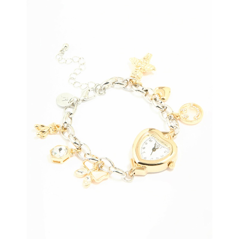 Mixed Metals Heart Watch & Butterfly Charm Bracelet