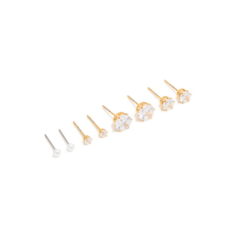 Waterproof Gold Plated Stainless Steel Cubic Zirconia & Pearl Classic Stud Earrings 4-Pack