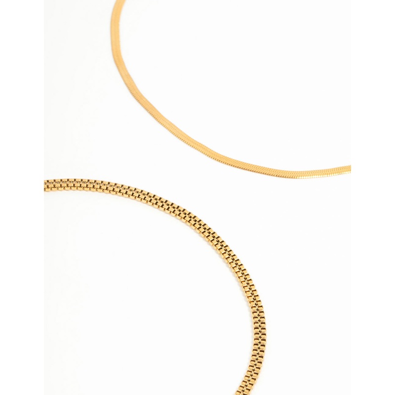 Waterproof Gold Plated Stainless Steel Mixed Snake Chain Anklets 2-Pack