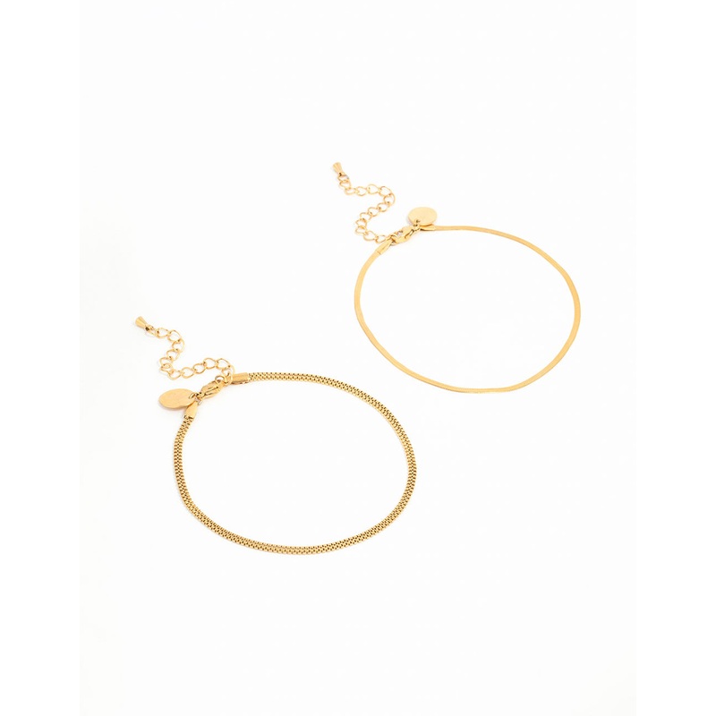 Waterproof Gold Plated Stainless Steel Mixed Snake Chain Anklets 2-Pack