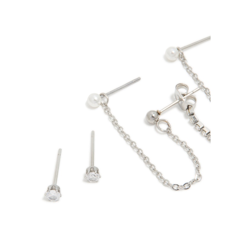 Waterproof Stainless Steel Cubic Zirconia Bow Chain Earrings 3-Pack