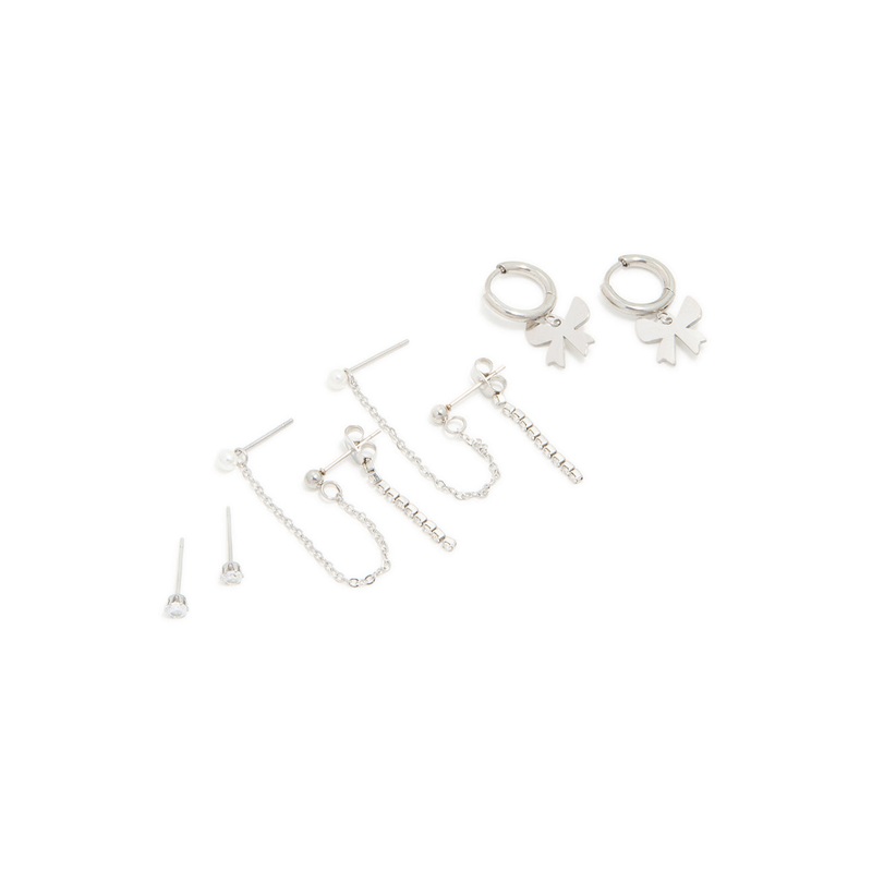 Waterproof Stainless Steel Cubic Zirconia Bow Chain Earrings 3-Pack