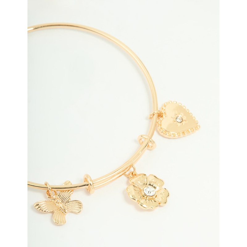 Gold Butterfly Heart & Flower Charm Adjustable Bangle