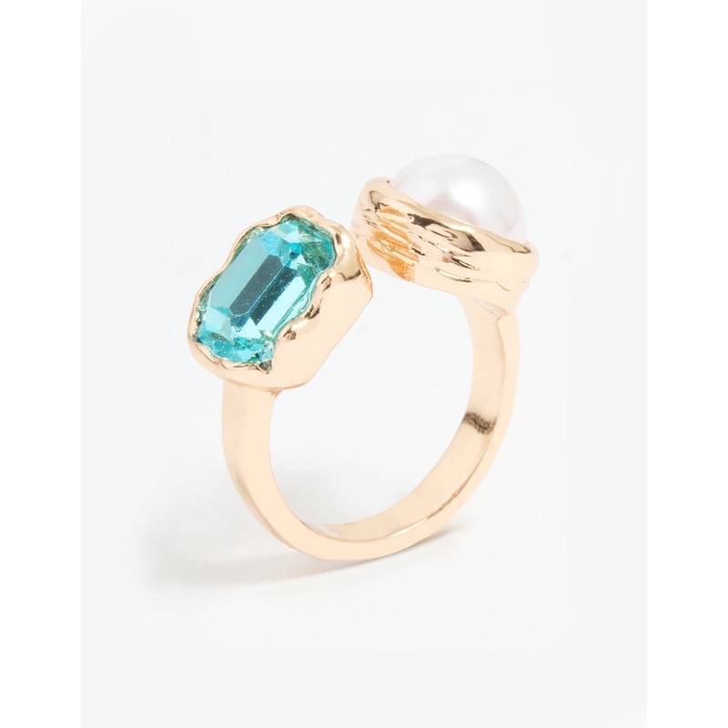 Gold Pearl & Blue Gem Statement Ring