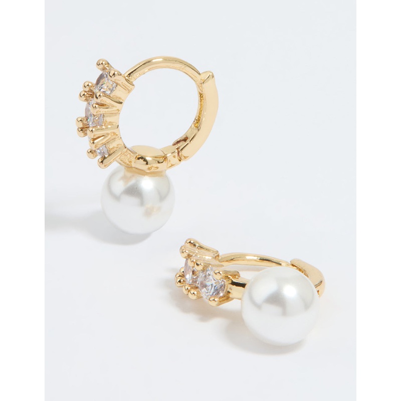 Gold Plated Cubic Zirconia Pearl Drop Huggie Earrings