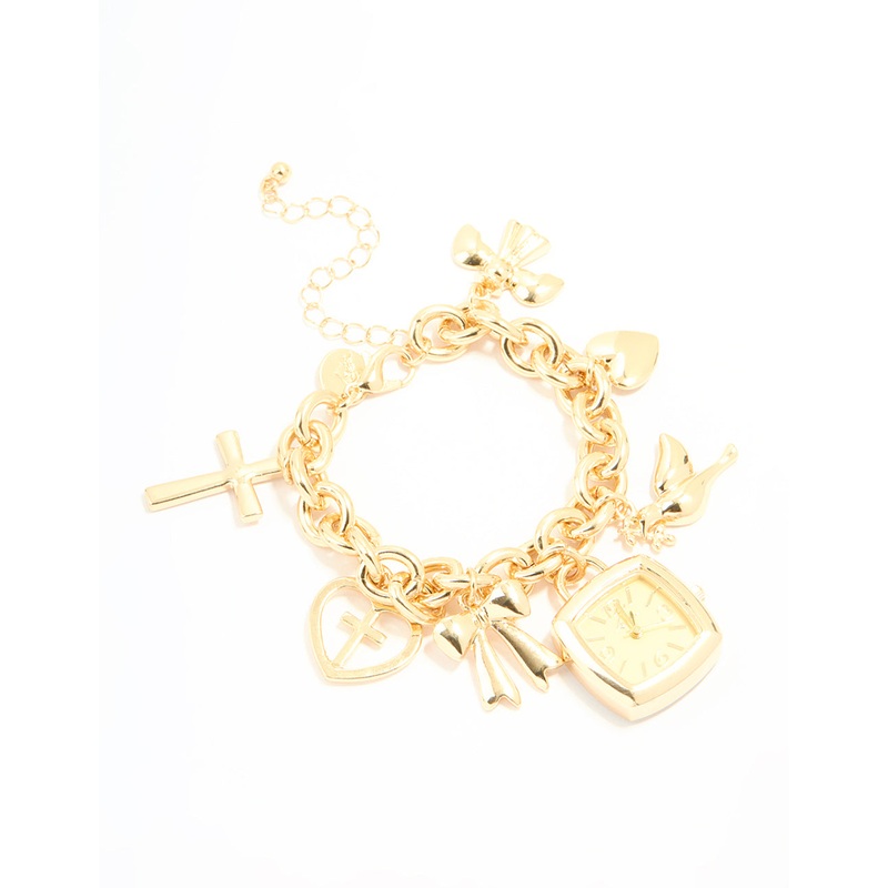 Gold Watch & Cross Charm Bracelet