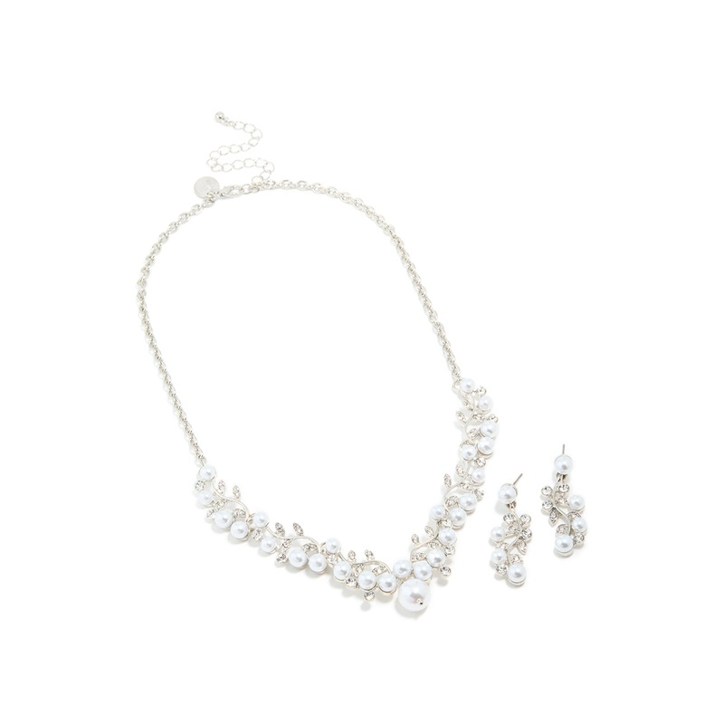 Silver Cubic Zirconia Pearl Vine Necklace & Earrings Set