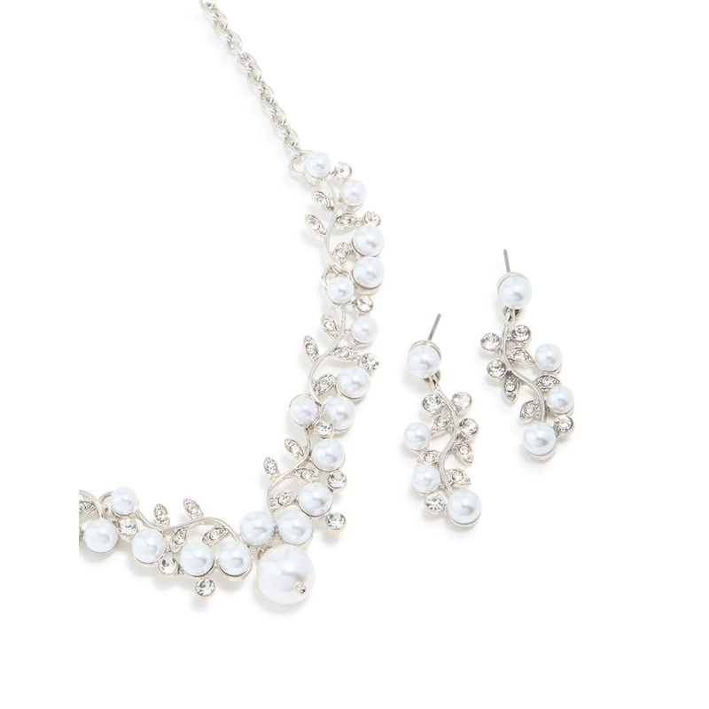 Silver Cubic Zirconia Pearl Vine Necklace & Earrings Set