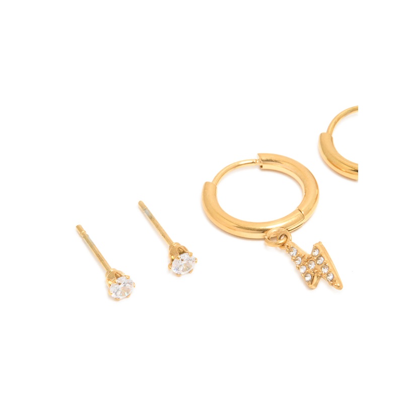 Waterproof Gold Plated Stainless Steel Cubic Zirconia Bolt Stacker Earrings 3-Pack