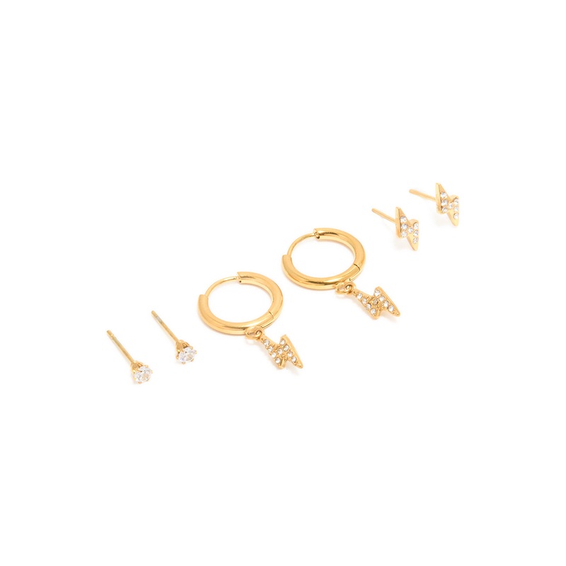 Waterproof Gold Plated Stainless Steel Cubic Zirconia Bolt Stacker Earrings 3-Pack