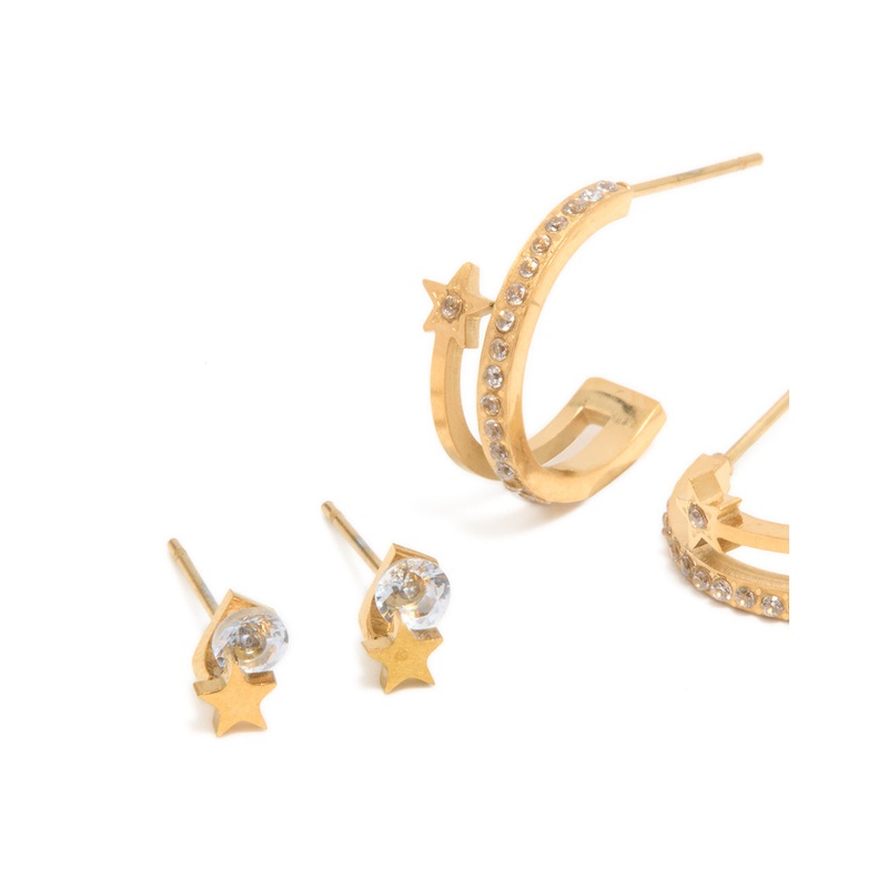 Waterproof Gold Plated Stainless Steel Cubic Zirconia Celestial Stud Earrings 3-Pack