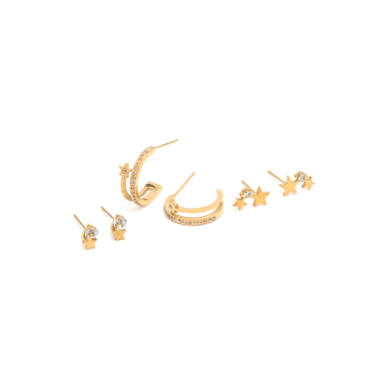 Waterproof Gold Plated Stainless Steel Cubic Zirconia Celestial Stud Earrings 3-Pack