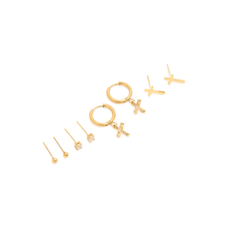 Waterproof Gold Plated Stainless Steel Cubic Zirconia Cross Stacker Earrings 4-Pack