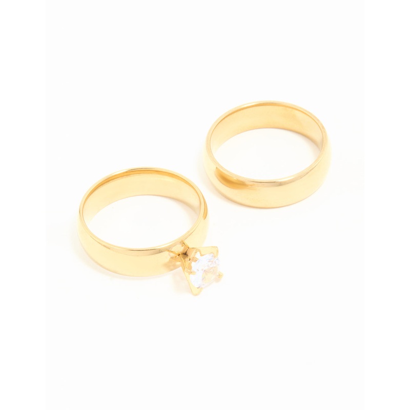 Waterproof Gold Plated Stainless Steel Cubic Zirconia & Sleek Band Rings 2-Pack